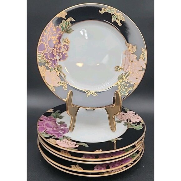 Fitz & Floyd Cloisonne Peony Black 6.5" Bread Dessert Plates Set of 6 - Picture 3 of 5